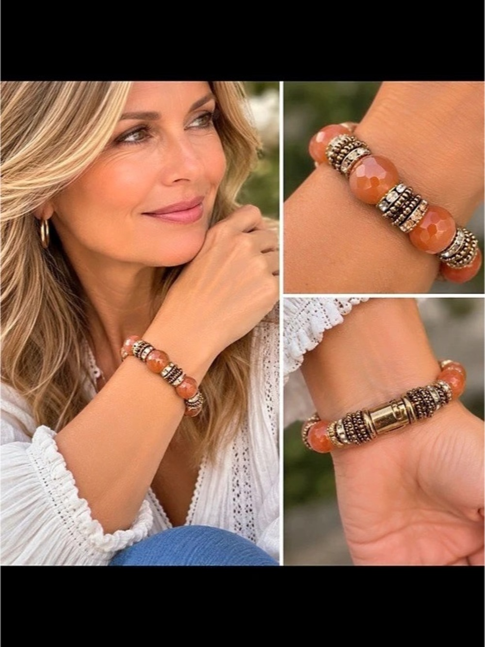 Rocki Gorman signed, Carnelian gemstone heavy antique silver statement bracelet